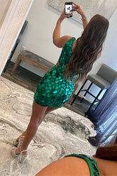 Sparkly Green One Shoulder Mirror Tight Short Homecoming Dress with Sequins